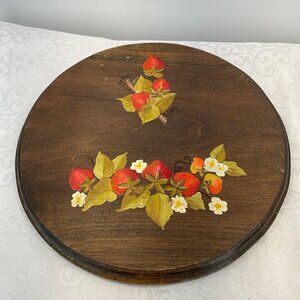 Vintage Wooden Decorative Plate Hand painted Strawberry & Flower Art Grandma Cor